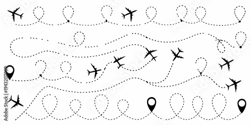 Flight paths and location pins forming a seamless travel pattern