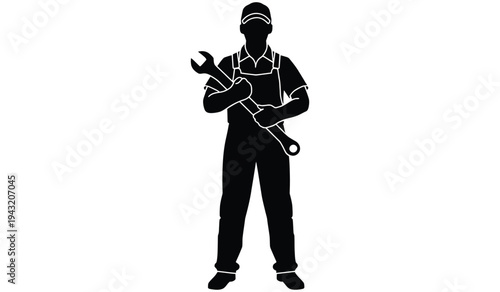 Silhouette of a mechanic holding crossed wrenches representing repair and skilled trades