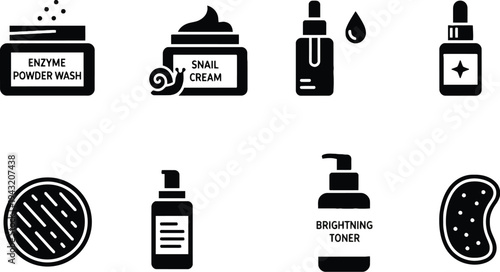 A set of black silhouette icons for various skincare products and treatments