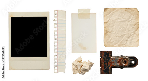 Collection of old polaroid photo and various vintage items isolated on transparent background