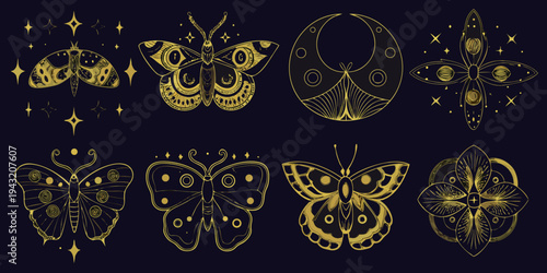 Golden celestial moths and beetles arranged in a symmetrical pattern