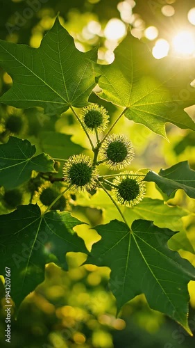 Green leaves with seed pods sunlight.