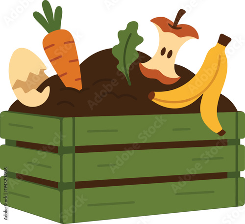 A green compost bin filled with organic waste including a banana, apple core, carrot, and eggshell.