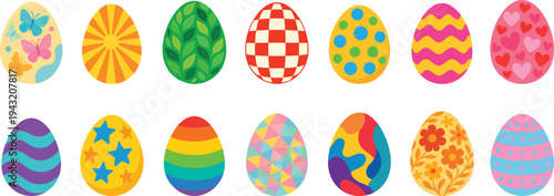 A vibrant collection of 14 uniquely decorated Easter eggs, each featuring distinct patterns and colors