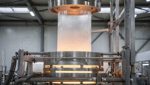 Medium shot of plastic film blown extrusion tower showcasing singlelayer molten film rising smoothly through cooling rings in a controlled industrial environment.