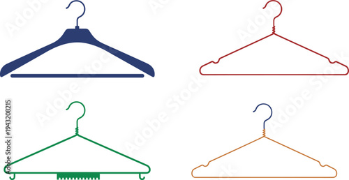 Colorful clothes hangers set, plastic blue, wire red, velvet green with pants bar, wooden orange coat hanger icons vector illustration, wardrobe organization