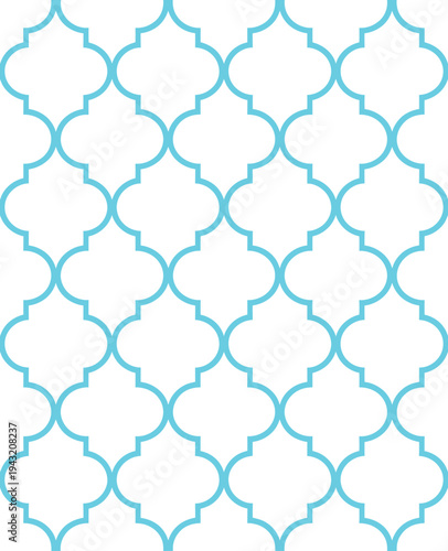 Geometric pattern design, repeating quatrefoil shapes, ornamental arabesque motif, blue lines on gray background