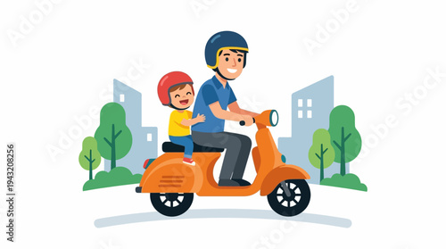 Father and son riding a scooter on a city street with trees and buildings in the background, illustration