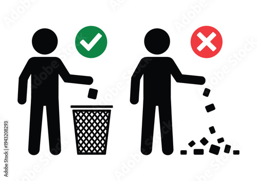 Correct and incorrect waste disposal illustration, person throwing trash in bin and person littering, recycling concept