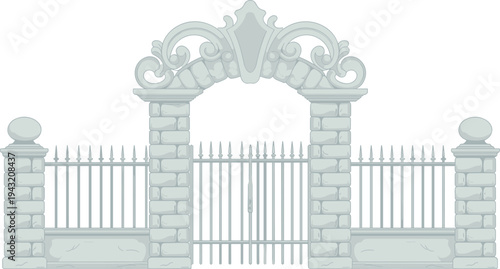Flat vector illustration of ornate stone gate with wrought iron fencing, decorative arch, classical pillars, architectural entrance, historical estate design