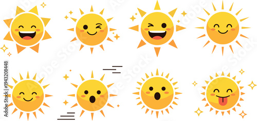 Cute smiling sun faces collection with cartoon sunshine characters different emotions summer weather vector illustration set