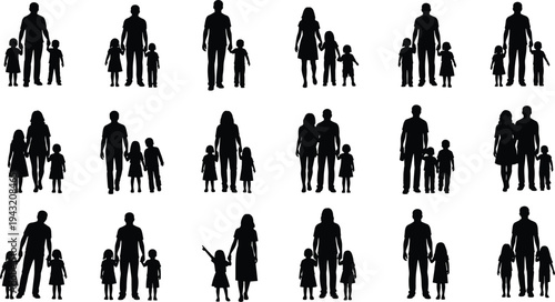 Collection of family silhouettes with parents and children walking together isolated on white background, parenting, childcare, family bonding, love, protection and happy family concept