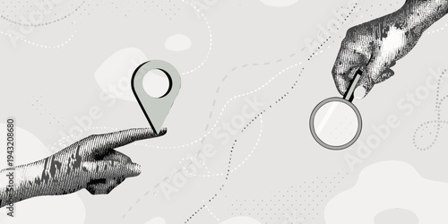 Hands interacting with a map marker and magnifying glass illustration