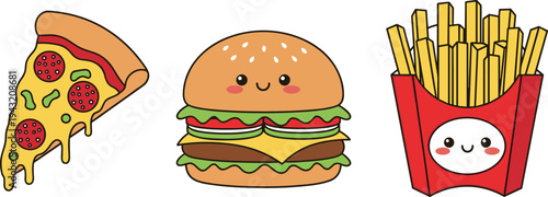 Kawaii fast food vector set featuring a cute smiling burger pepperoni pizza slice and French fries in a red box on white background