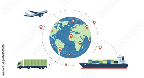 Global logistics and transportation network connecting continents with various transport modes.