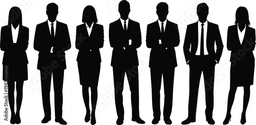 Large group of business people silhouettes standing in a row, professional men and women in formal suits and ties isolated on white background.