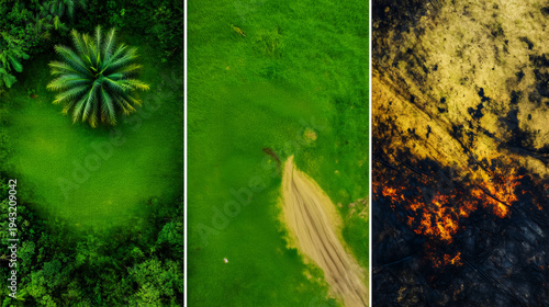 Wallpaper Mural An Earth Day triptych banner, an aerial view of a pristine savannah followed by its subsequent degradation to desert and dead land from uncontrolled oil extraction Torontodigital.ca