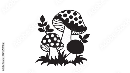 Mushrooms doodle set with spotted caps and leaves, black and white graphic illustration featuring cute, simple, natural with organic and forest