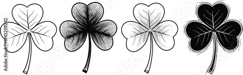 Four leaf clover icon set in outline, sketch, textured and solid styles vector illustration symbol of luck for St Patrick design