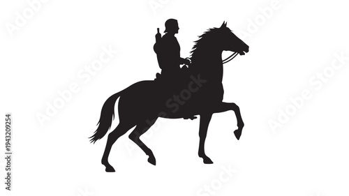 Horseman silhouette with horse rearing and rider wearing cap and holding reins, isolated on white. featuring man, equestrian, animal with riding and