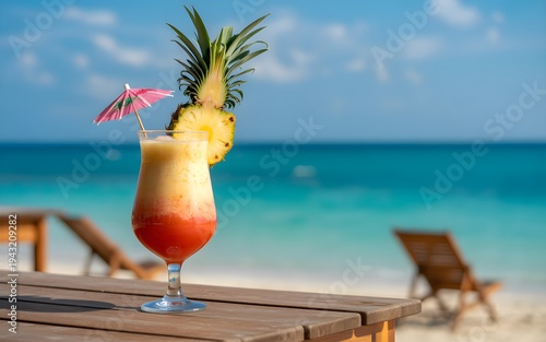 Piña Colada Cocktail on Tropical Beach with Pineapple Garnish