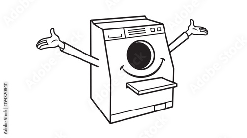 Washing machine cartoon with happy face and open arms, welcoming gesture, clean appliance graphic featuring smile, laundry, home with domestic and
