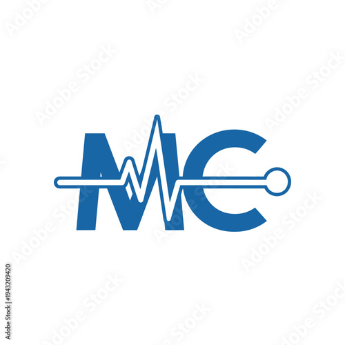MC Monogram Medical Consulting Logo with Heartbeat Line and Medical Instrument on Isolated White Background