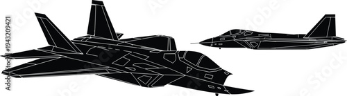 Modern fighter jet silhouette vector illustration with detailed cockpit wings tail fins, military aircraft aviation design for aerospace defense art