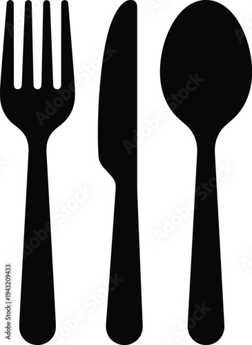 Cutlery, fork, knife, spoon, silhouette, restaurant, kitchen, dining, eating, vector, food, icon, silver, tool, menu, black, tableware, utensil, cook, lunch.