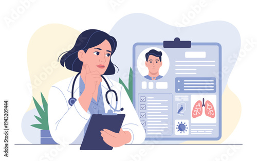 A thoughtful female doctor reviews a male patients medical records and health history