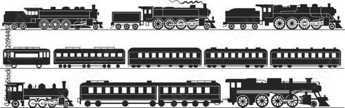 Flat vector illustration of vintage steam locomotives and passenger railcars, historical train designs, retro transportation, railway engineering, black line art