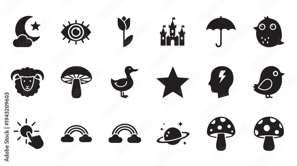 Obraz premium Icons set with moon, eye, tulip, castle, umbrella, owl, sheep, mushroom, duck, star, head with lightning, bird, sun touch, rainbows, planet, and