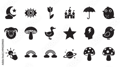 Icons set with moon, eye, tulip, castle, umbrella, owl, sheep, mushroom, duck, star, head with lightning, bird, sun touch, rainbows, planet, and