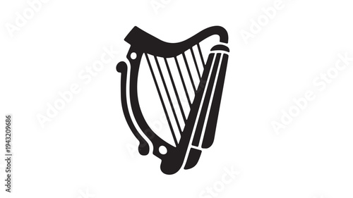 Harp silhouette musical instrument with curved frame and strings, black iconic symbol featuring music, traditional, celtic with Irish and medieval