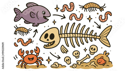 Fish skeleton icon illustration with cartoon sea creatures and worms
