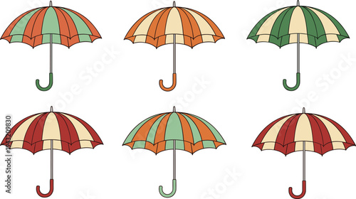 Set of six hand drawn vintage striped umbrellas in orange green and red colors isolated on white background for autumn seasonal weather design concepts (24 words)
