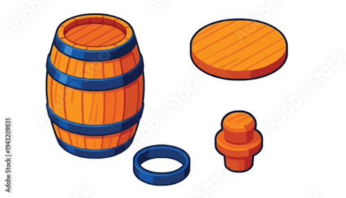 A wooden barrel vector illustration with its parts disassembled
