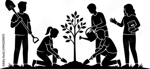 Community Tree Planting Vector - Black White Diverse People Group Collaboration Environmental Action Line Art Growth Illustration on White Background
