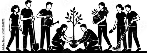 Community Tree Planting Vector - Black White Diverse People Group Collaboration Environmental Action Line Art Growth Illustration on White Background

