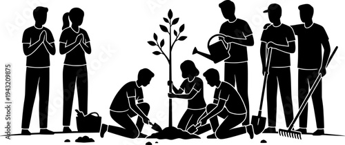 Community Tree Planting Vector - Black White Diverse People Group Collaboration Environmental Action Line Art Growth Illustration on White Background
