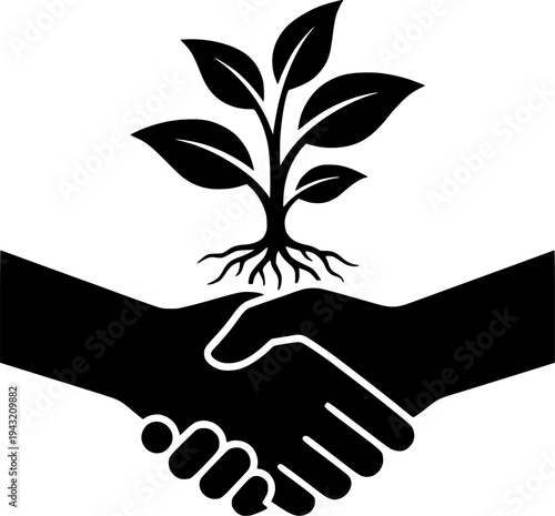Parent Child Hands Seedling Vector - Black White Generational Community Service Nurturing Legacy Growth Line Art Illustration on White Background
