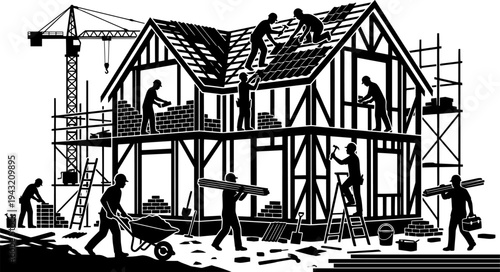 Community House Building Vector - Black White People Construction Habitat Service Tools Materials Volunteer Shelter Illustration on White Background
