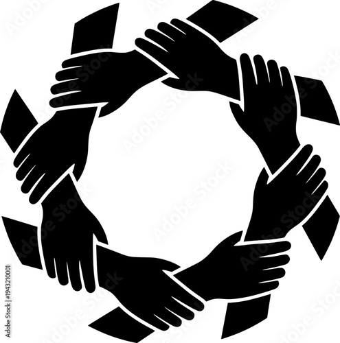 Interlocking Hands Chain Vector - Black White Geometric Minimalist Community Connection Strength Unity Link Pattern Illustration on White Background
