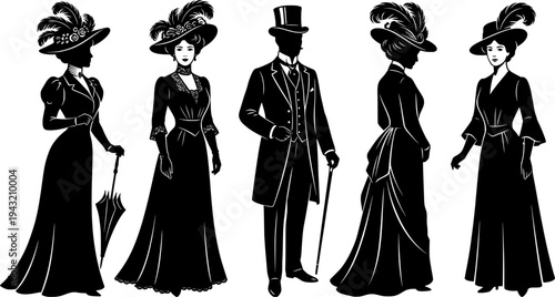 Vintage people. Victorian woman or man. 19th century clothing. Lady dress old sketch drawing. Retro fashion style. 1900 France aristocrats. Dandy tuxedo. Vector nobleman characters set