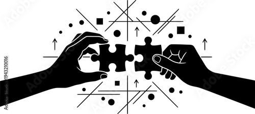 Puzzle Pieces Collaboration Vector - Black White Hands Problem Solving Community Solution Teamwork Connection Geometric Illustration on White Background