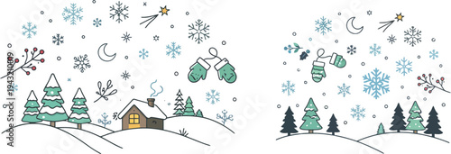 A Christmas winter scene illustration with a house and trees