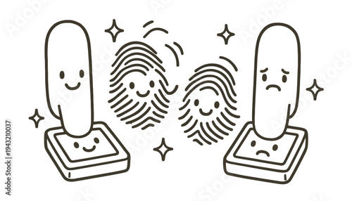 Fingerprint scanner with happy and sad cartoon fingers and prints