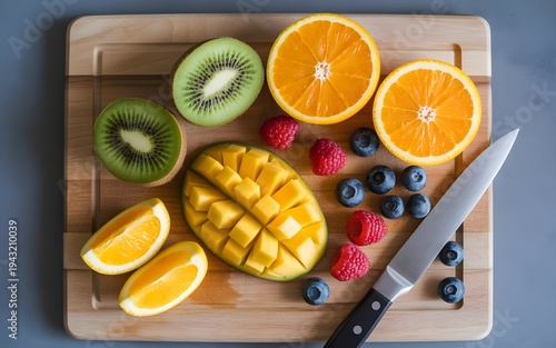 Fresh Tropical Fruits on Cutting Board with Knife