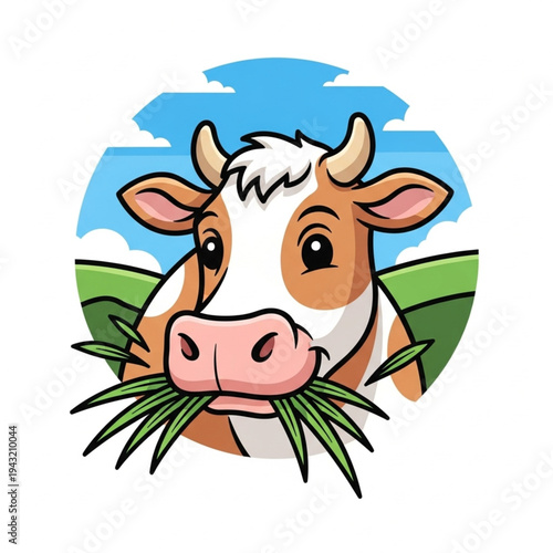 Cartoon Cow Eating Grass Illustration.