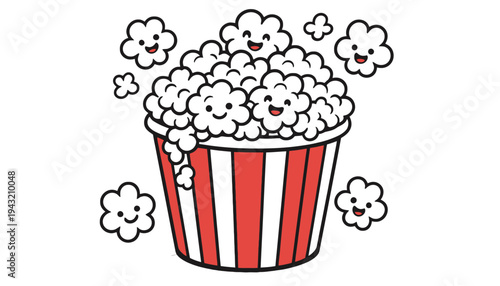 A cartoon popcorn bucket with happy popcorn pieces and smiling faces